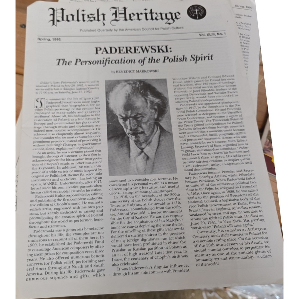 Polish Heritage Quarterly Newsletter Spring 1992 Paderewski Dyczkowski Vol XLIII - Picture 1 of 6